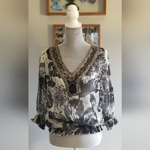 Arden B • Multicolored Floral Top with Beaded Collar